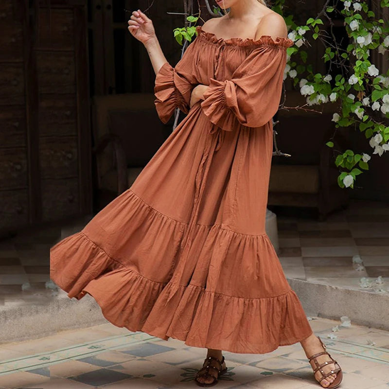 Women's Clothing Apparel Sets FashionSierra-100% Cotton Vintage Off Shoulder Long For Women Robe Casual Lace Up Loose Summer Solid Ruffles Vestidos Boho Dress
