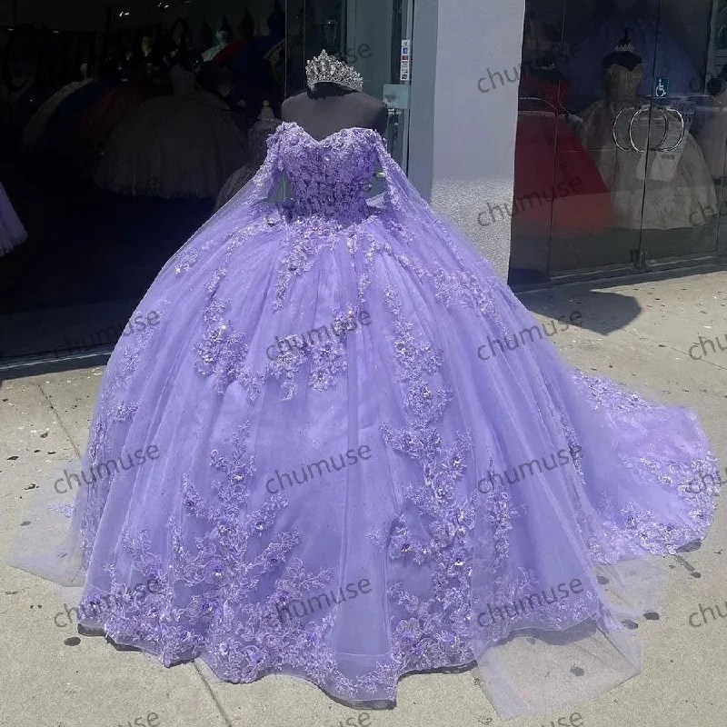 Clearance Event Lilac Quinceanera Dresses with Cape 15 Party 3D Flower Appliqued Beading Clearance Event Lilac Quinceanera Dresses with Cape 15 Party 3D Flower Appliqued Beading