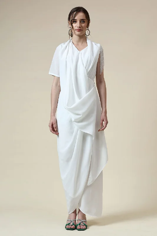 Stupidly Low Prices Pearl White Crystal Embellished Drape Dress