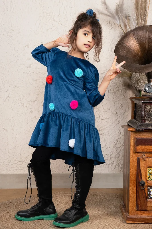Women's Formal Event Attire Pom Pom Twirl Velvet Dress