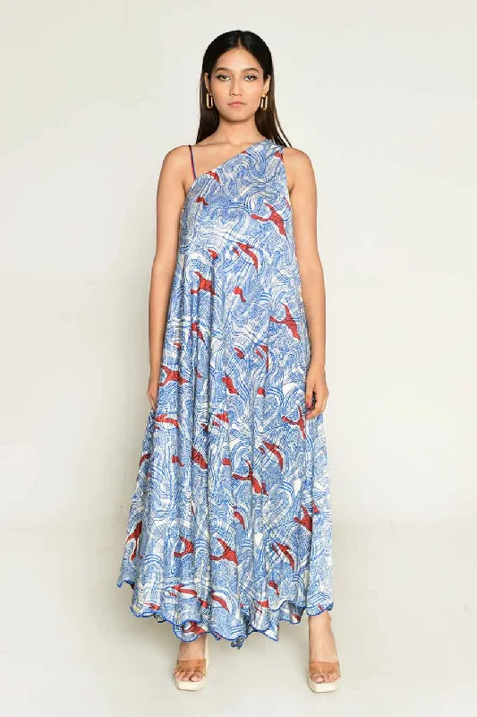 Wardrobe Refresh Blue Block-Printed One-Shoulder Flared Dress
