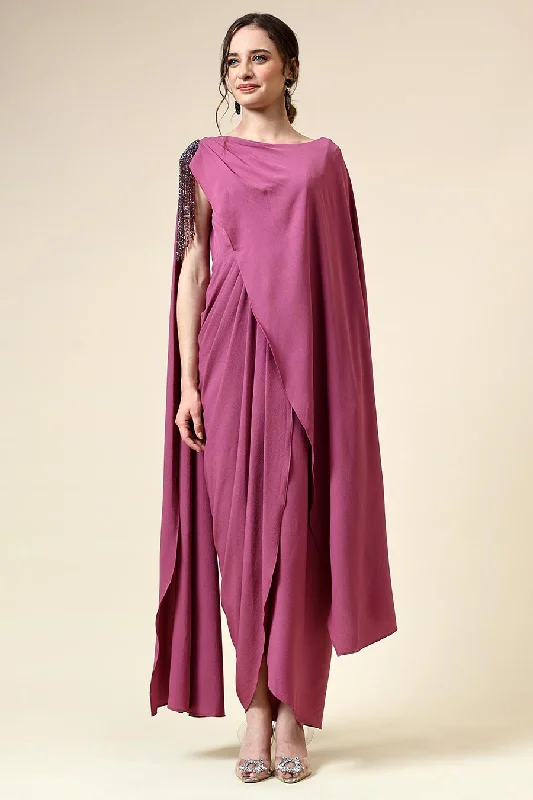 Parisian Effortless Chic Style Berry Pink Fringe Embellished Drape Dress
