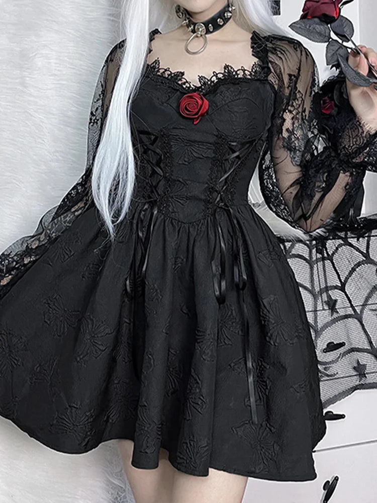 Exclusive Prices For A Limited Time Grunge Party High Waist Gothic Dark Sexy A-Line Jacquard Lace Sleeve Lolita Vintage Harajuku Dress