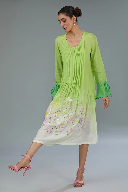 Women's Clothing For Everyday Wear Green Ombre Pintuck Dress