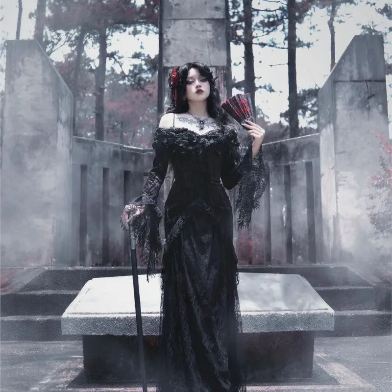 Seasonal Clearance Sale – Big Savings On Trendy Looks Women Style Dark Gothic Mid-Length Black Dress