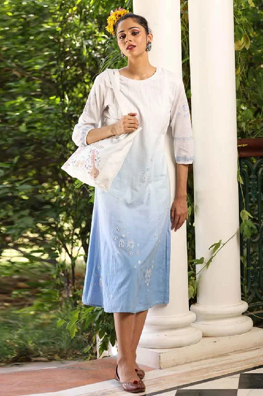Affordable Women's Clothing Blue Ombre Embroidered Dress