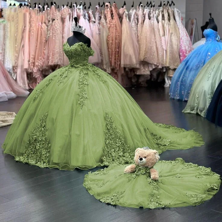 Women's Party Clothes 3D Flower Green Ball Dress Off Shoulder Sweet 15 Birthday Party Y4267