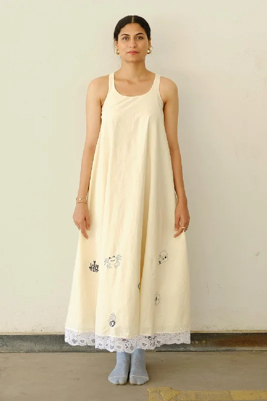Women's Casual Wear Clothing Beige Hand-Embroiderd Beach Motif Dress