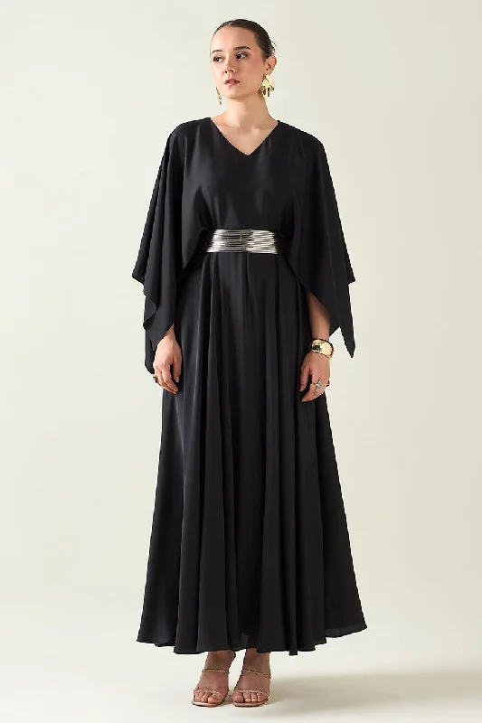 Bold and Elegant Women's Fashion Coral Black Dress With Metallic Finish Belt