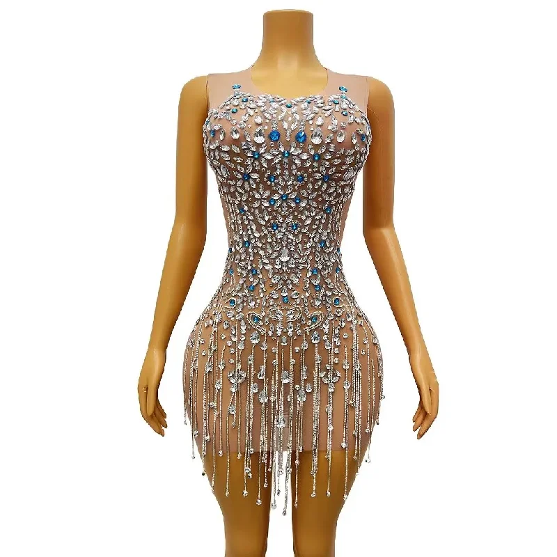 Casual Outfit For Women Blue Silver Rhinestones Chains Transparent PinkVelvet Celebrate Dress Birthday Sexy FringesOutfit Prom Party Wear lanfeng Casual Outfit For Women Blue Silver Rhinestones Chains Transparent PinkVelvet Celebrate Dress Birthday Sexy FringesOutfit Prom Party Wear lanfeng