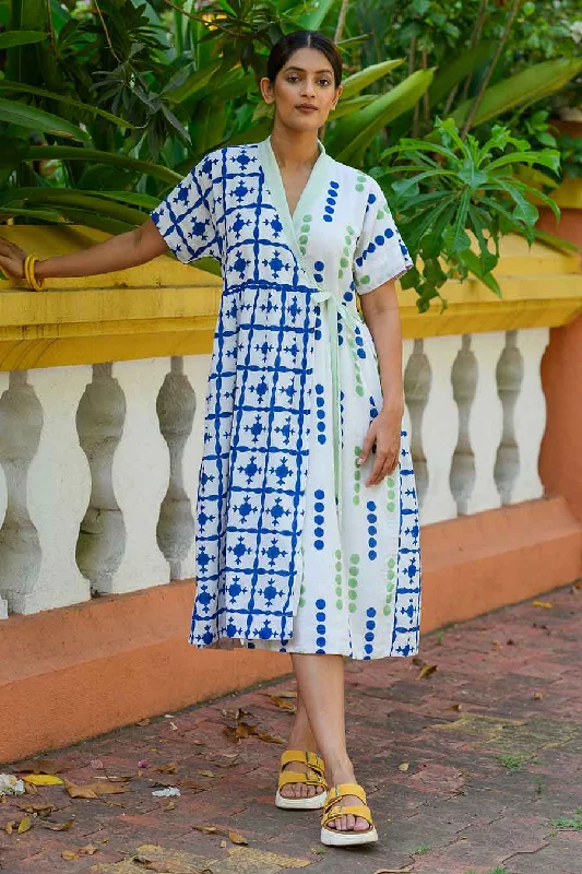 Step Ahead, Lead The Trend White Agueda Handblock Print Overlap Dress