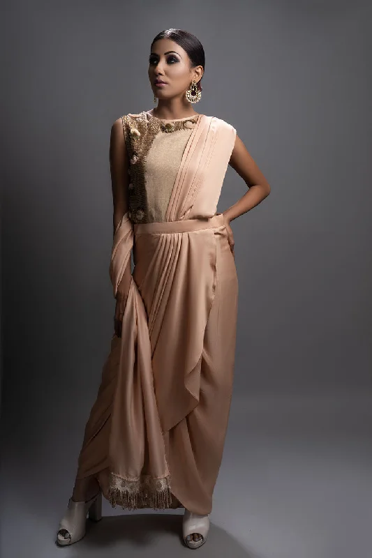 Flash Sale Online Peach Embllished Drape Saree Dress