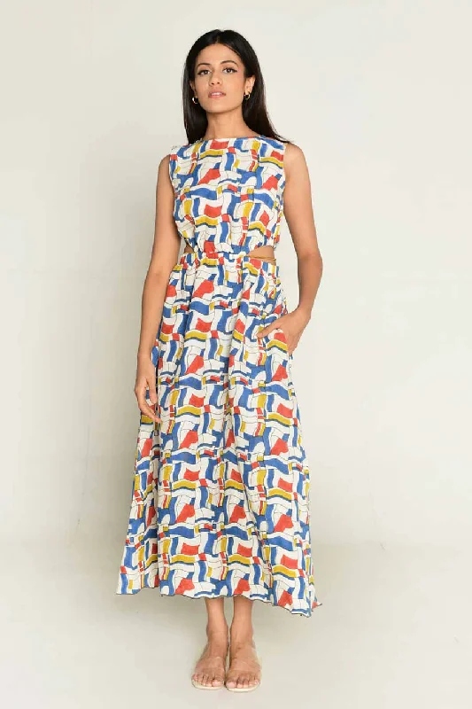 Modern Women's Wardrobe Essentials Multicolour Block-Printed Cut-Out Dress