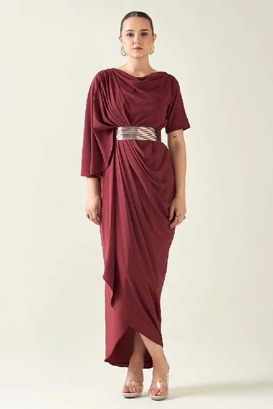 Romantic Flair Wine Alloy Drape Dress With Metallic Finish Belt