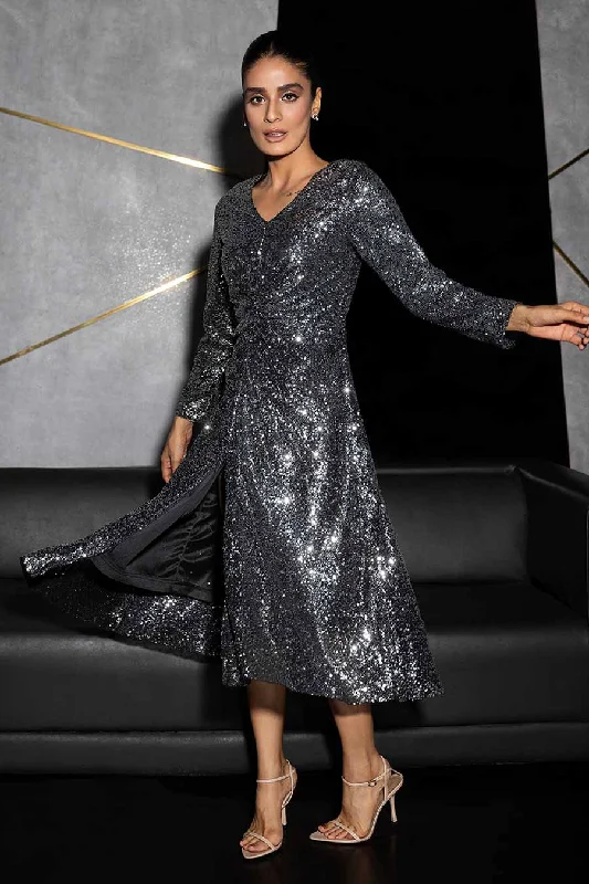 Comfort Centric Apparel Black Sequins Maxi Slit Dress