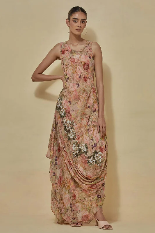 Fashion Sale Multicolour Printed Chiffon Drape Dress