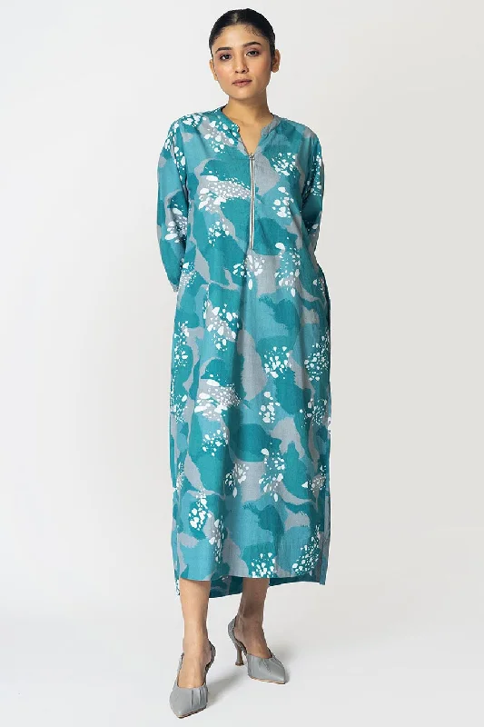 Seasonal Women's Fashion Trends Teal Blue Dots Printed Zipper Dress