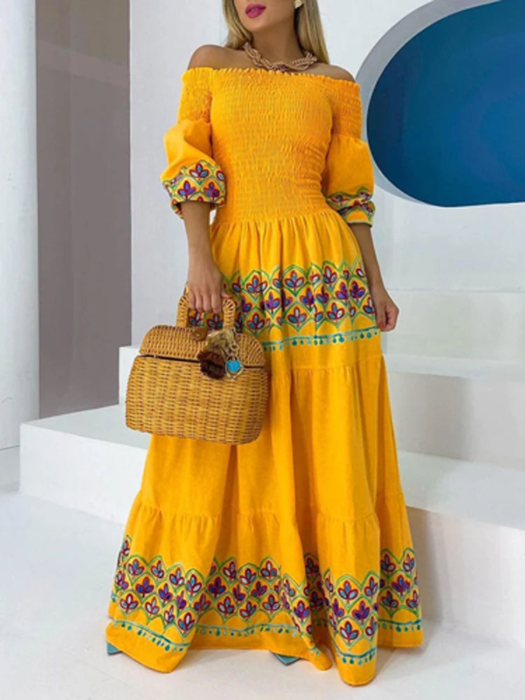 Special Savings Just For You FashionSierra - 2024 Ethnic Printed Slash Neck Pleated Boho Dress