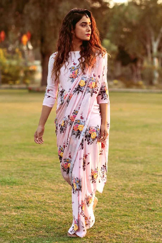 Women's Casual Attire Pink Printed Drape Saree Dress