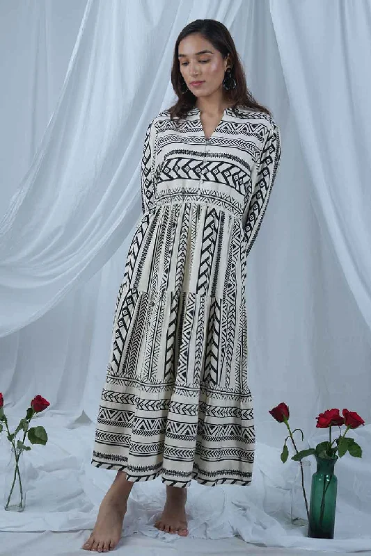 Elegant Fashion Black & White Printed Tiered Dress