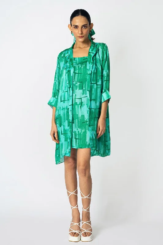 End Of Season Sale Clothing Green Brick Printed Jacket With Slip Dress