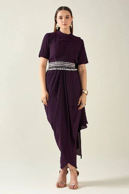 Urban Femme Streetwear Purple Drape Saree Dress With Embellished Belt