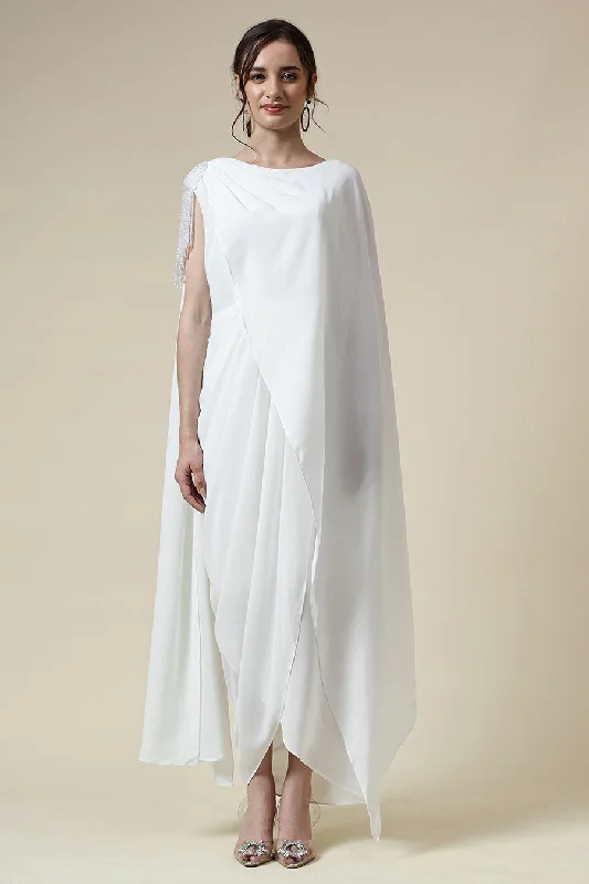 Seasonal Clearance White Crystal Embellished Drape Dress
