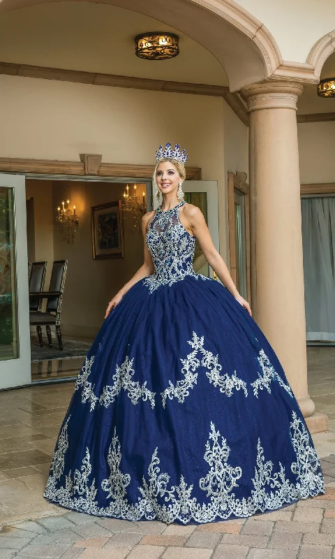 Art Deco Geometric Pattern Look High-Neck Navy Quinceanera Dress 1607