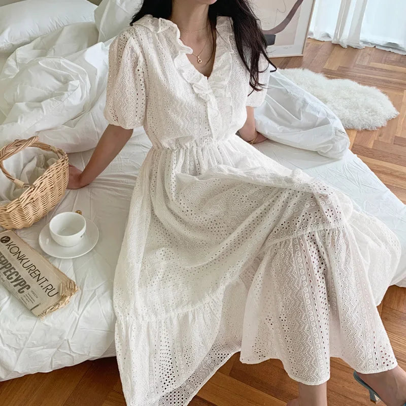 Women's Formal Event Attire FashionSierra-Ruffle V-Neck Puff Sleeve Women Cotton White Hollow Out Embroidered Long Robe Female Vestidos 2024 Boho Dress