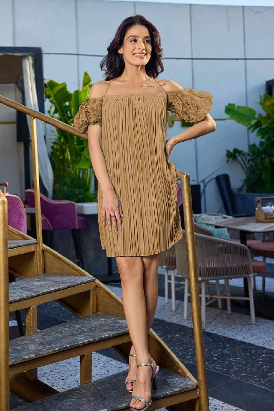 Trendy Street Style Attire Beige Seraphic Off-Shoulder Pleated Dress