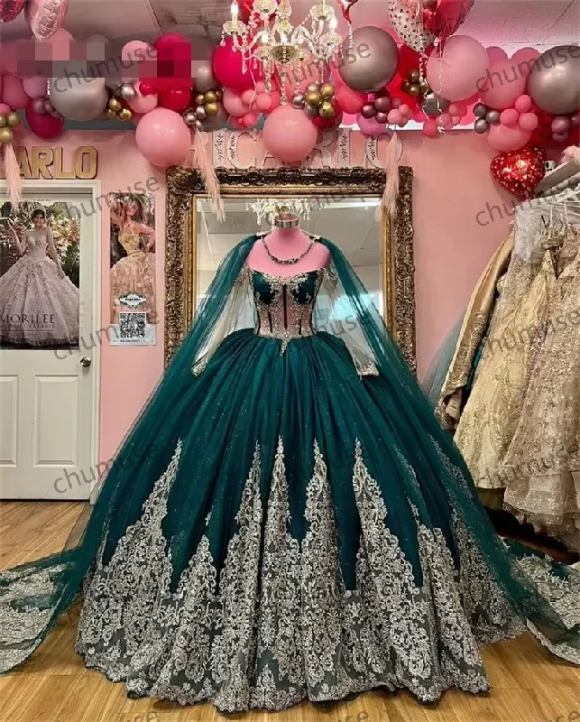 End Of Season Sale Emerald Green Princess Quinceanera Dresses With Cape Sequins Appliques Sweet 16 Prom Birthday Party End Of Season Sale Emerald Green Princess Quinceanera Dresses With Cape Sequins Appliques Sweet 16 Prom Birthday Party