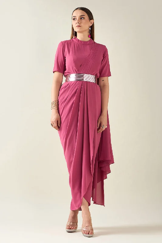Boutique Styles Pink Drape Saree Dress With Metallic Finish Belt