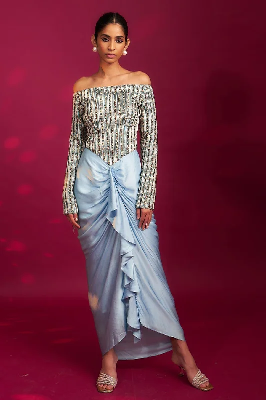 Limited Time Offer Powder Blue Ajrakh Striped Draped Dress