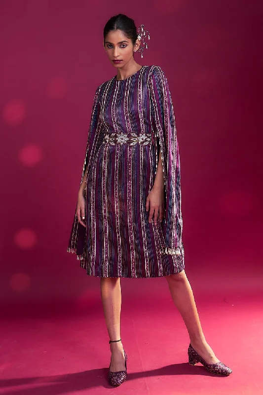 Women's Clothing Sale Purple Ajrakh Striped Cape Dress