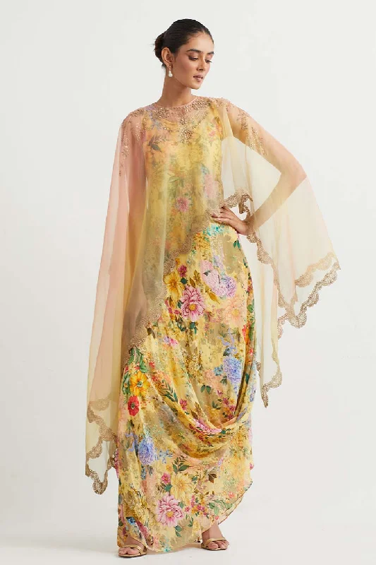 Crazy Price Slashing Yellow Embroidered Cape With Printed Drape Dress