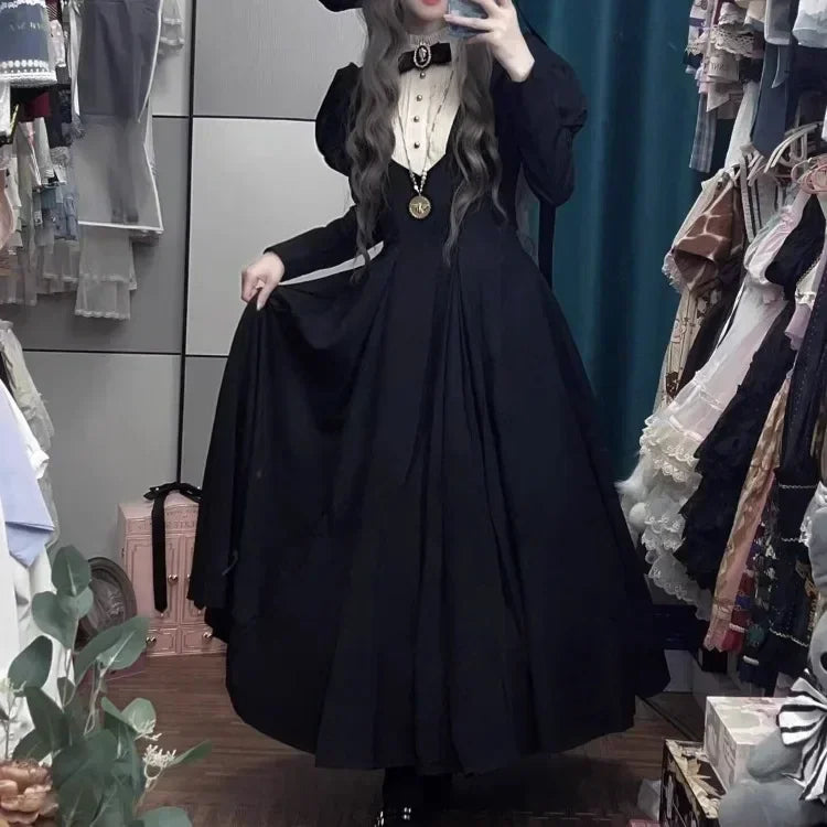 Special Promotions Available For A Short Time New Gothic Punk Dark Lolita Harajuku Vintage Black Long Bubble Sleeve Waist Cinched Autumn Winter Dress