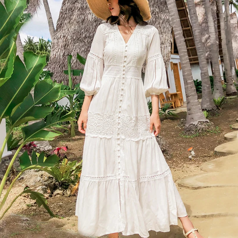 Formal Outfit For Women FashionSierra-Lantern Sleeve  Cotton  Splice Lace  Long  Vintage  White  V-neck  Autumn  Holiday Boho Dress