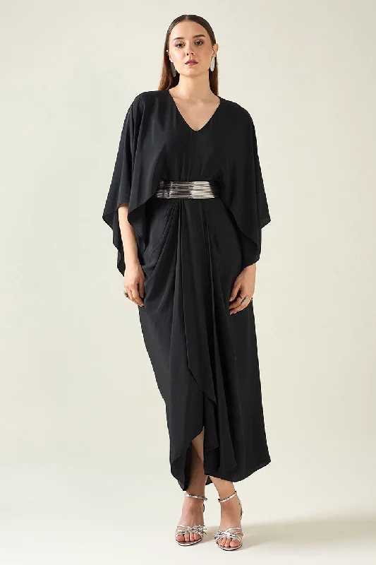 Affordable Women's Clothing Sale Online Black Coral Drape Dress With Metallic Finish Belt