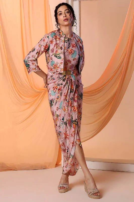 Season Offer Pink Arani Printed Drape Dress & Jacket Set