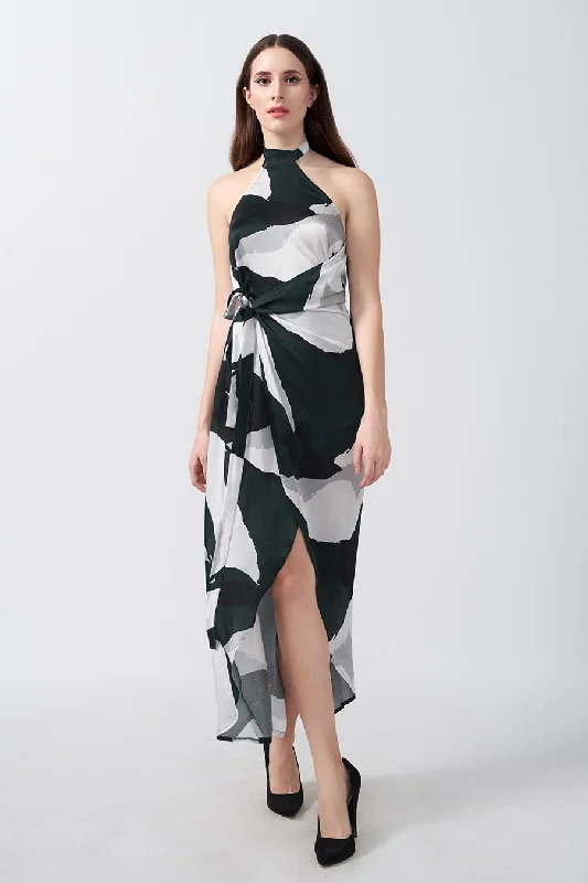 Feminine Flow Dark Green Abstract Printed Asymmetric Dress
