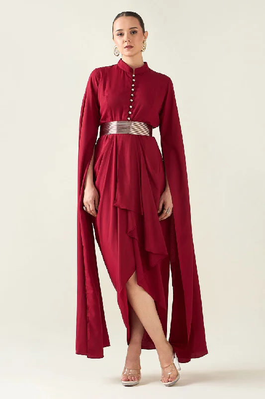 Statement Piece Red Armour Drape Dress With Metallic Finish Belt