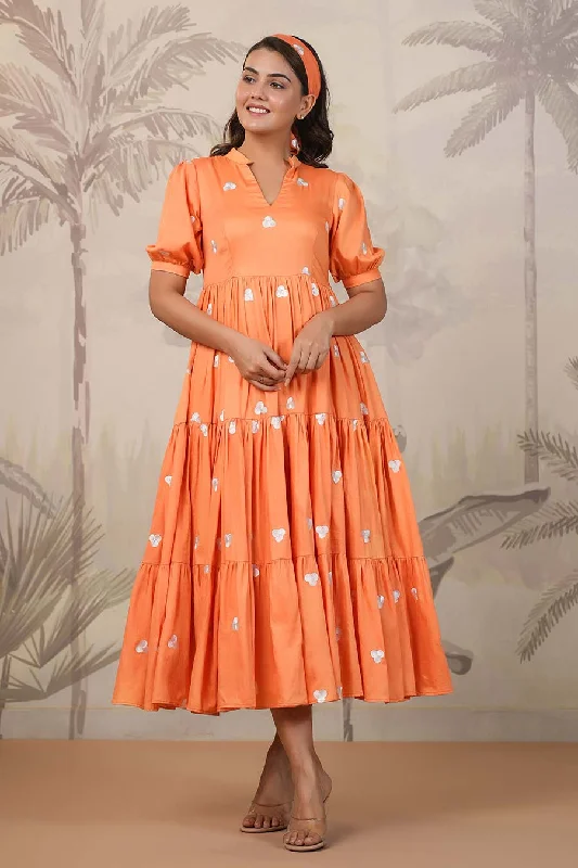 Minimalist Office - Ready Style Orange Embroidered Tiered Dress