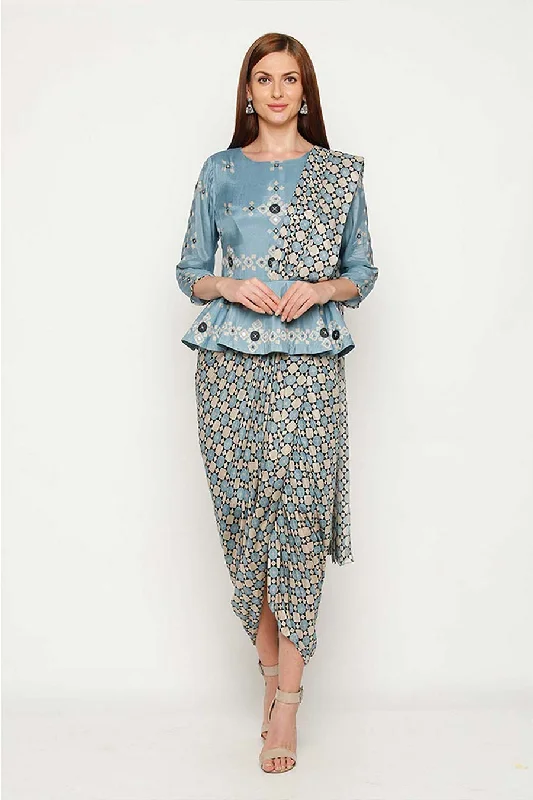Workwear Fashion for Women Blue Pre-Stitched Drape Saree Dress