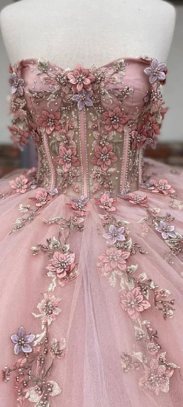 Women's Clothing for Every Season and Trend Pink Glitter 3D Flowers Beaded Ball Dress Beautiful Pink Princess Dresses  Y1132