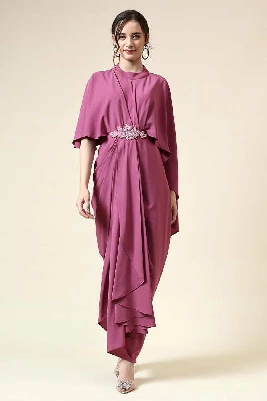 Women's Festive Attire Berry Pink Embroidered Drape Dress
