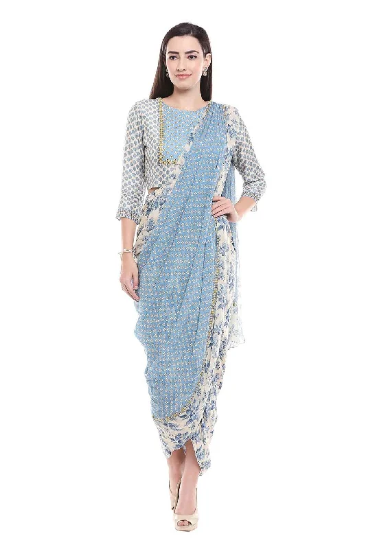 Trending Items Blue Printed Pre-Drapped Saree Dress