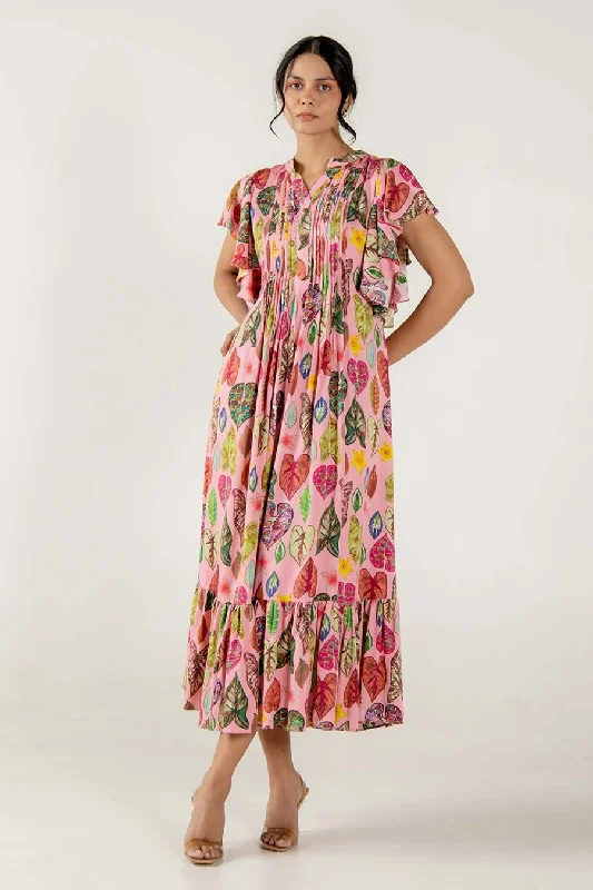 Unique Women's Fashion Pieces Risa Pink Leaf Print Pleated Dress
