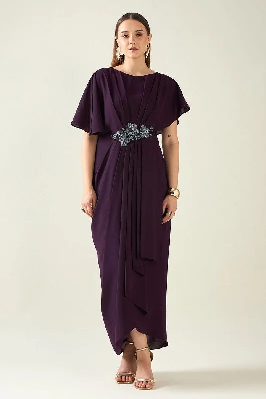 Women's High-Fashion Clothes Purple Crystal Embellished Drape Dress
