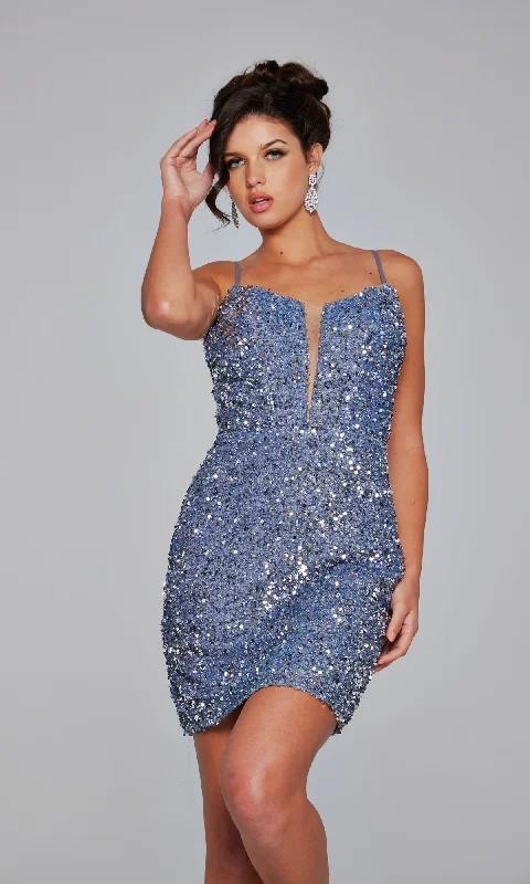 Disco - Inspired Retro Dance Look Sheer-Back Short Beaded Hoco Dress: Jovani 39635
