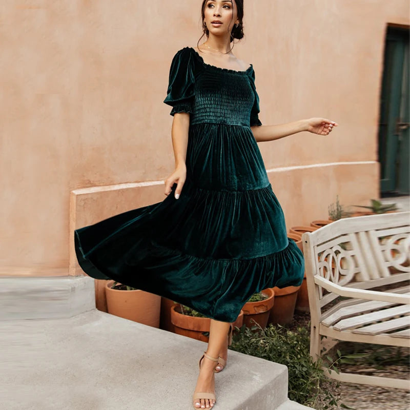 Flash Sale On Fashion – Act Fast FashionSierra-Elegant  Party  Velvet  Long  Women  Casual  Square Collar  Solid  Shirred Bust  Puff Sleeve  Ladies  Vestidos  Boho Dress